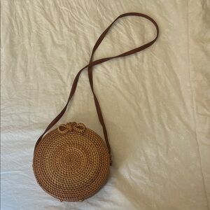 Round Woven Tan Crossbody Bag